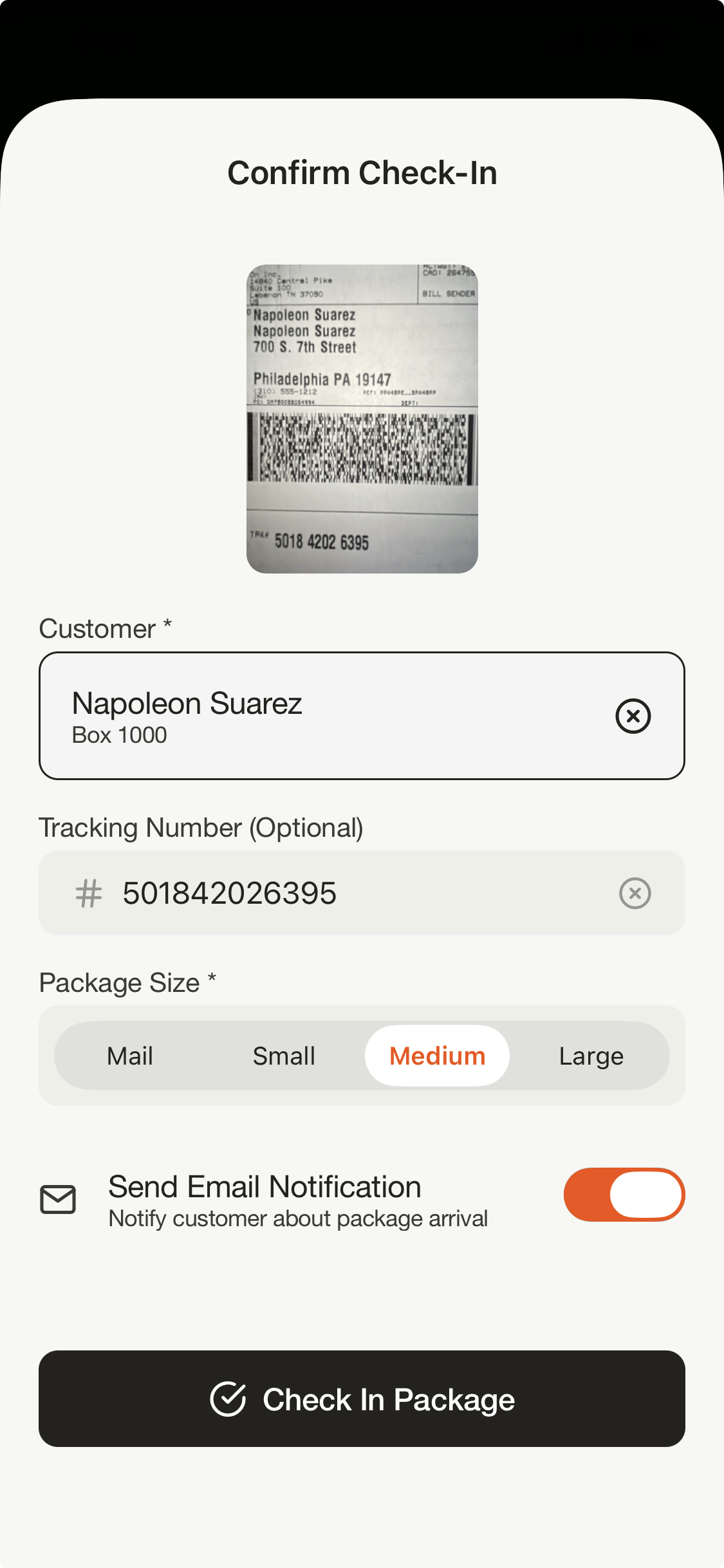 Packagebase app showing package check-in screen