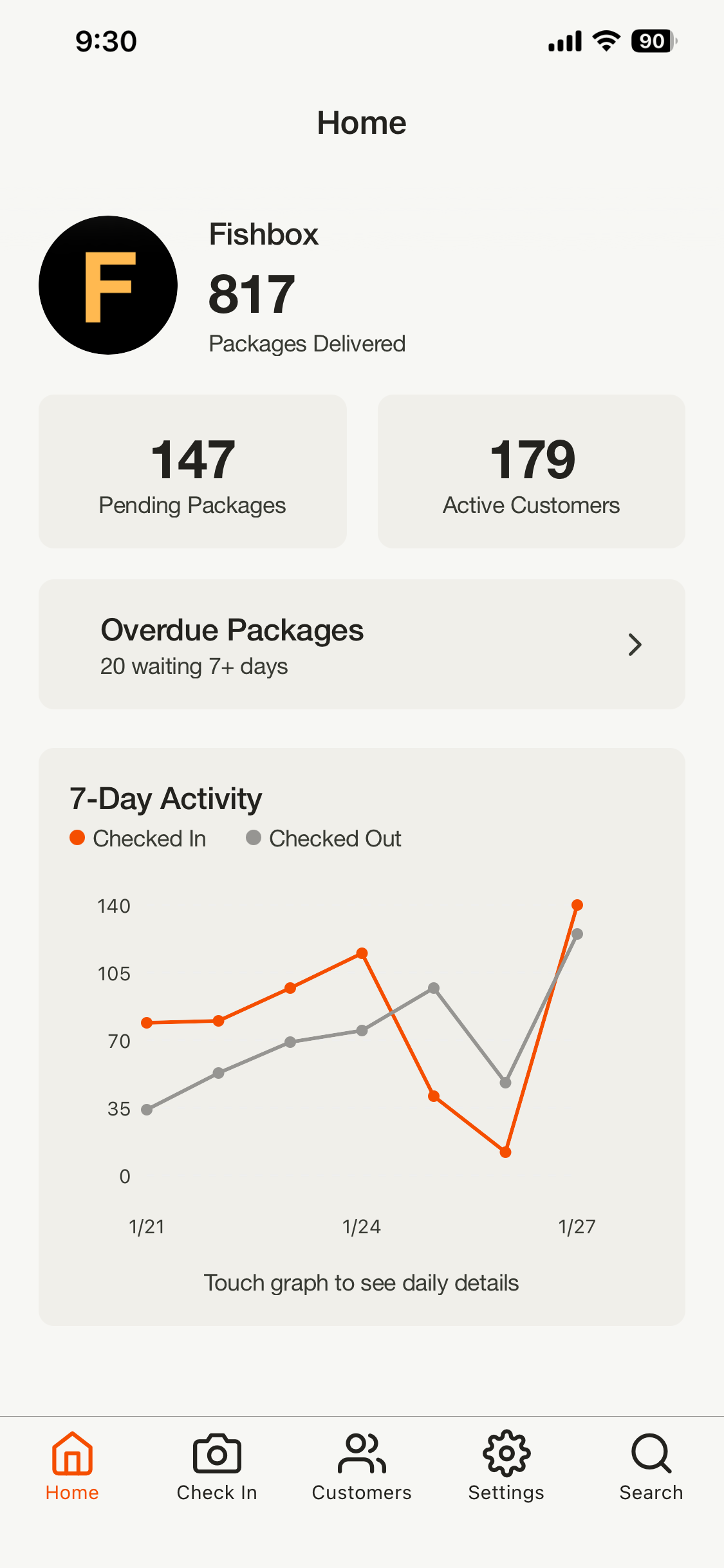 Packagebase app showing package management dashboard